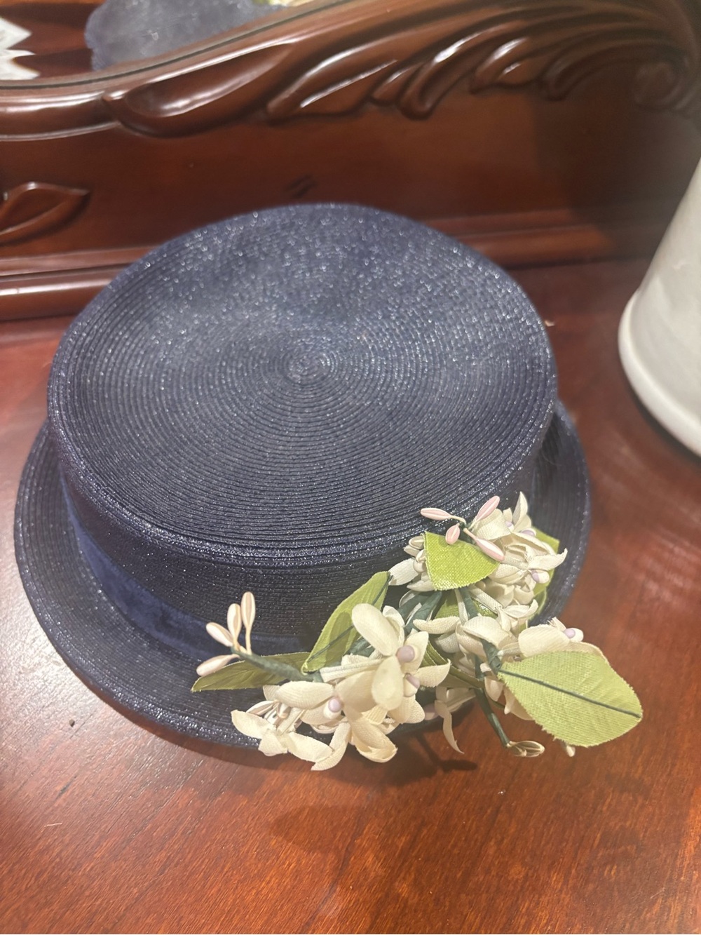 1940s Vintage Navy Straw Boater Hat Flat Crown Floral Millinery Size 22